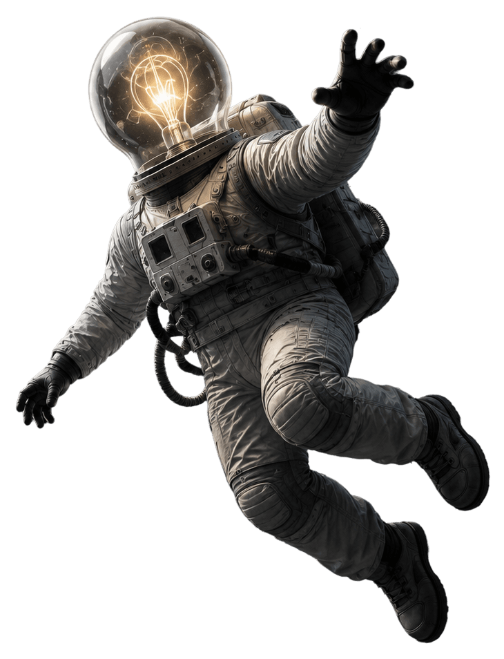 Astronaut with a glowing lightbulb for a head, floating in space