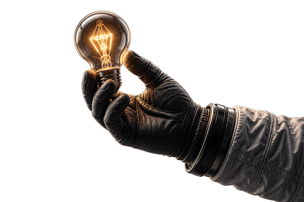 A gloved hand holding a glowing lightbulb